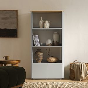 Home agnes curved edge bookcase, dove gray with oak top