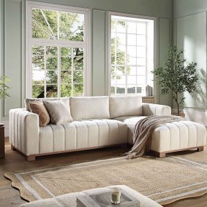 Home belsize beige boucle sofa with wooden base, large chaise right hand facing